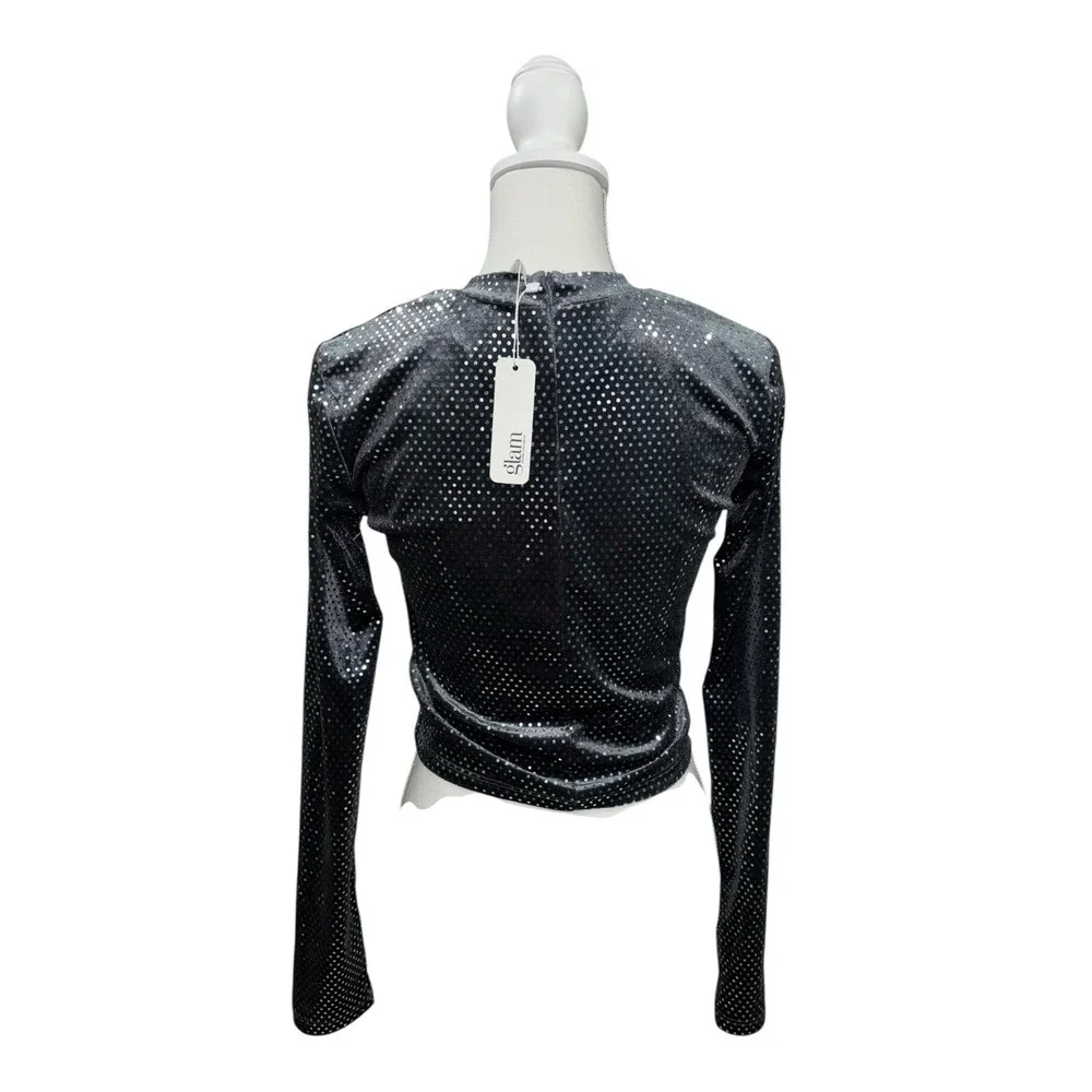 NWT GLAM Gray M Sparkly Crop Top Long Sleeve Party Shirt Bling‎ Disco Baddie Y2K